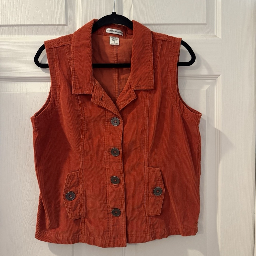 Rebecca‎ Malone Vest Women Size S Orange 100% Cotton Corduroy Button Up